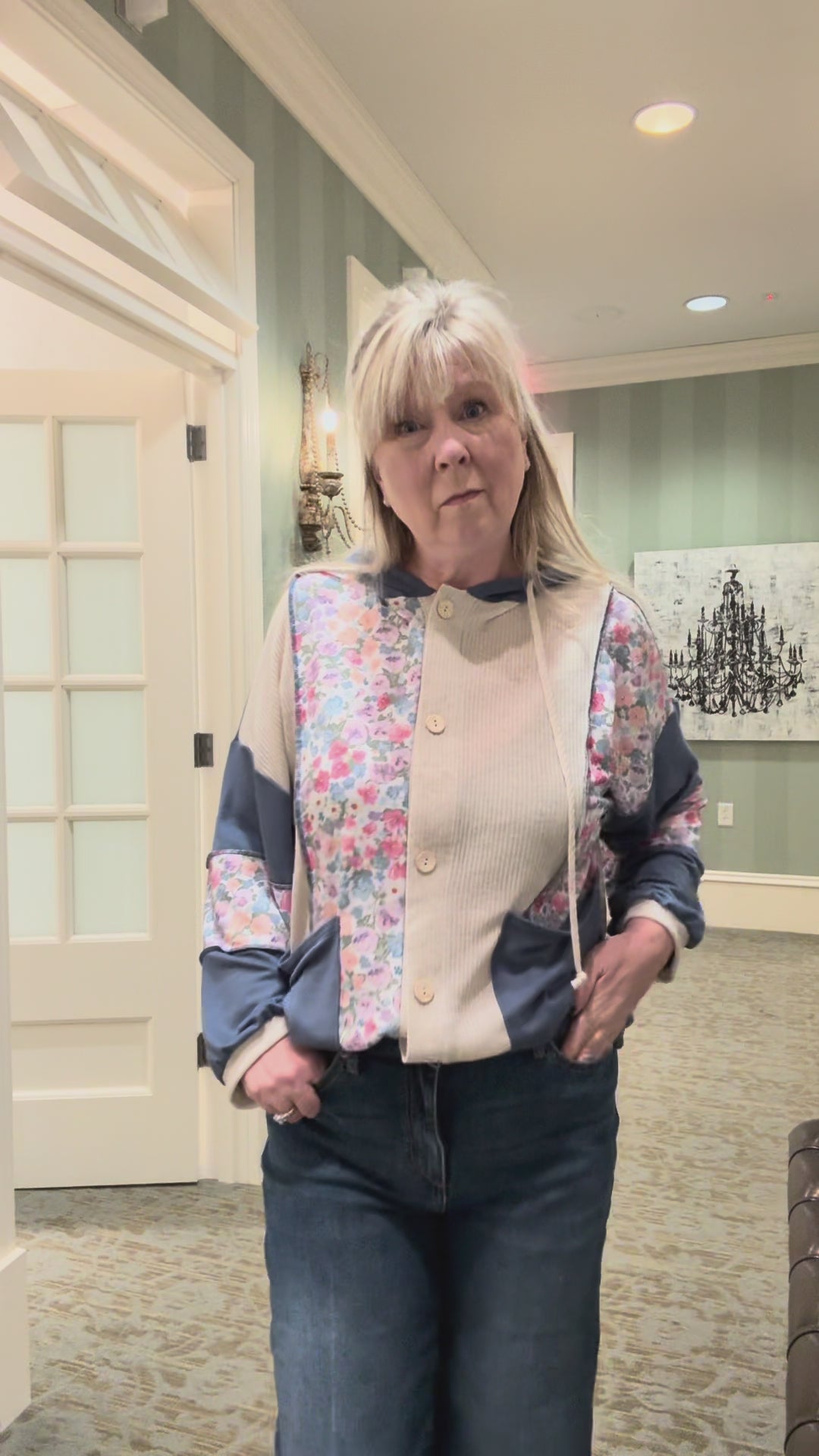 Button Rib Floral Color Block Hoodie Jacket | Haptics