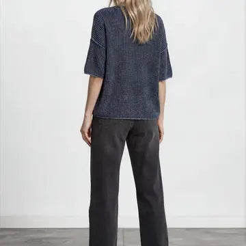Washed Crew Neck Raw Edge Short Sleeve Sweater