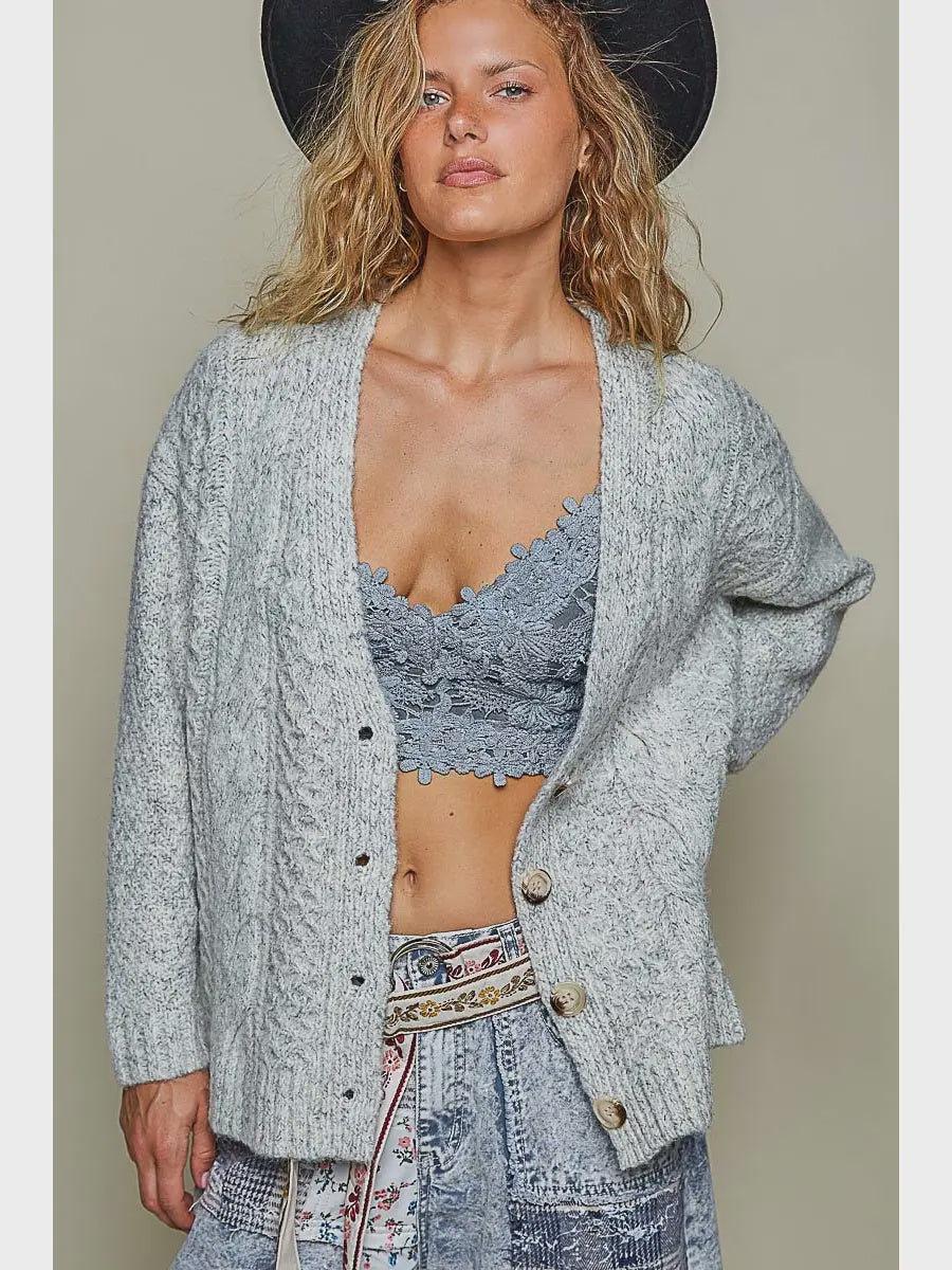 Cable Knit Relaxed Fit V Neck Button Cardigan