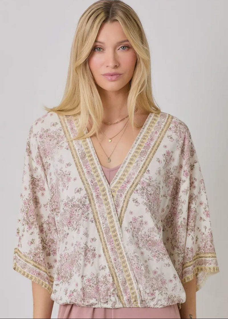 Border Print Front Wrap Kimono Top