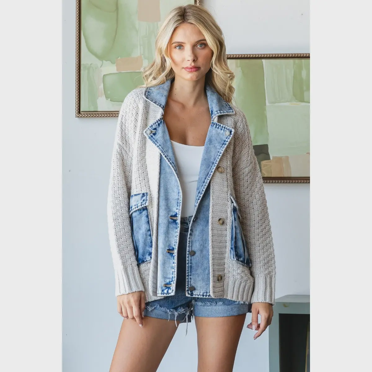 Knit Body Denim Layered Jacket