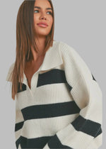 Stripe Drop Shoulder W Wide Collar Sweater