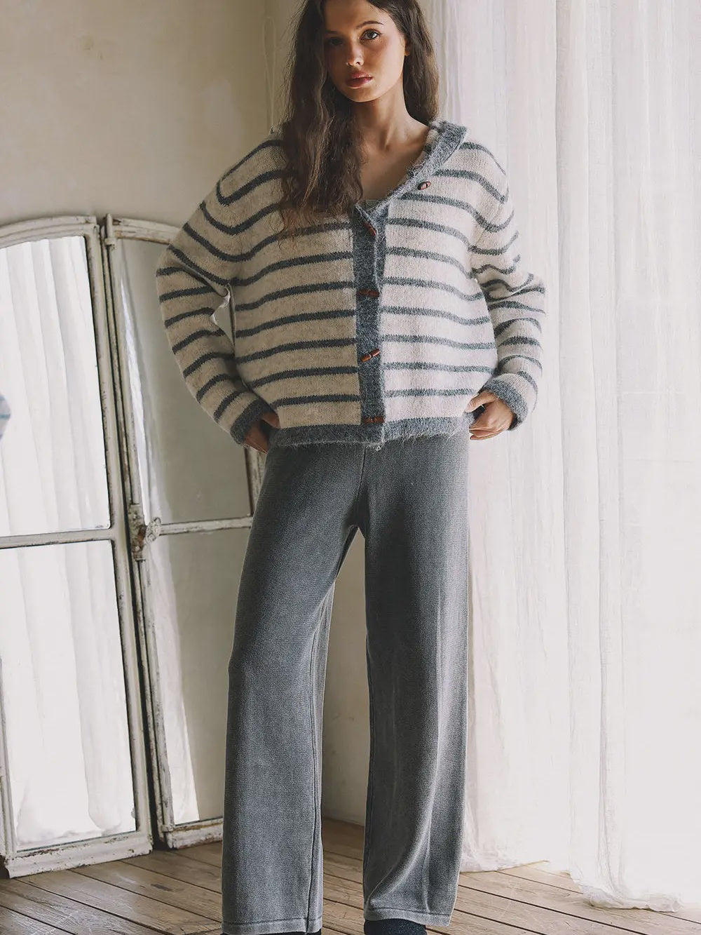 Striped Toggle Button Sweater Hoodie Cardigan