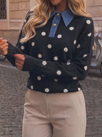 Polka Dot Denim Collar Knit Sweater