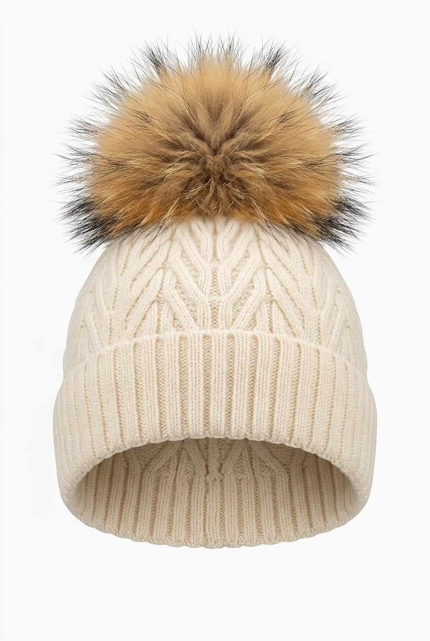 Real Fur Cable knit Pom Hat