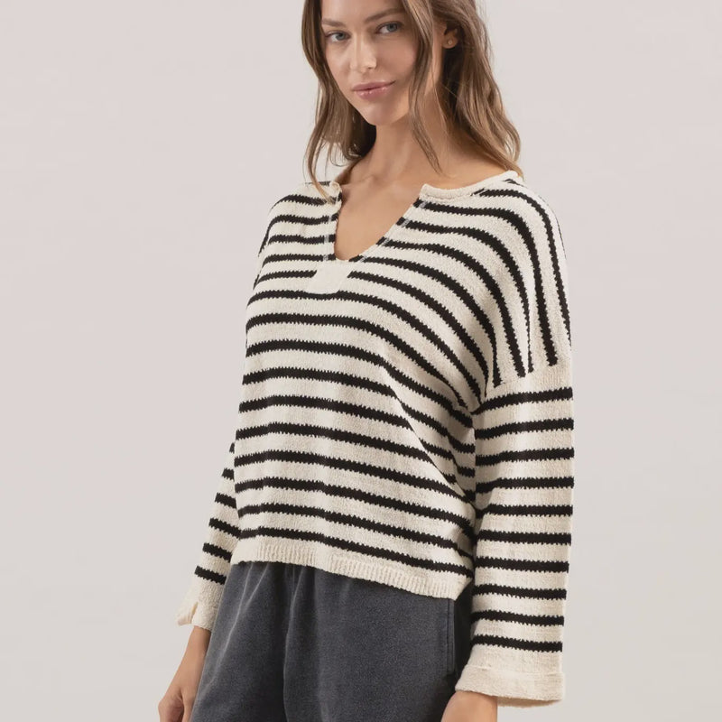 Stripe Split Neck Long Sleeve Knit Sweater