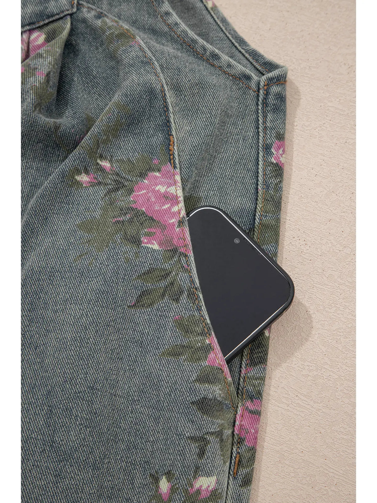 Floral Pleated Wide Leg Denim Jumpsuit