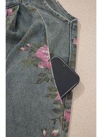 Floral Pleated Wide Leg Denim Jumpsuit