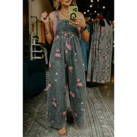 Floral Pleated Wide Leg Denim Jumpsuit