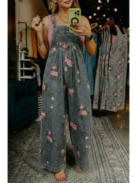 Floral Pleated Wide Leg Denim Jumpsuit