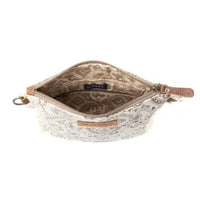 Trending  Loom Tapestry Upcycled Canvas Crossbody  Sage  Fringe Detail