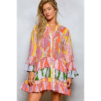 V Neck Ruffle Hem Bead Printed Woven Dress