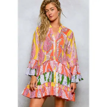 V Neck Ruffle Hem Bead Printed Woven Dress