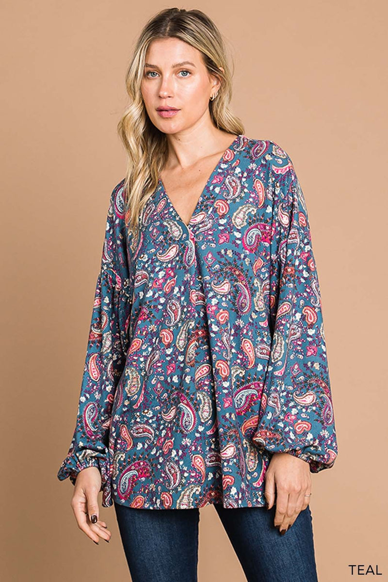 Printed V Neck Front Detail Top