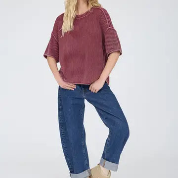Washed Crew Neck Raw Edge Short Sleeve Sweater