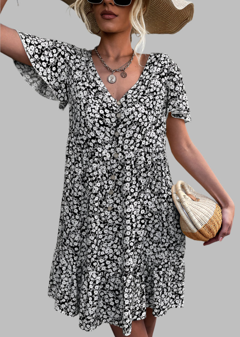 Floral Short Sleeve V Neck  Dress