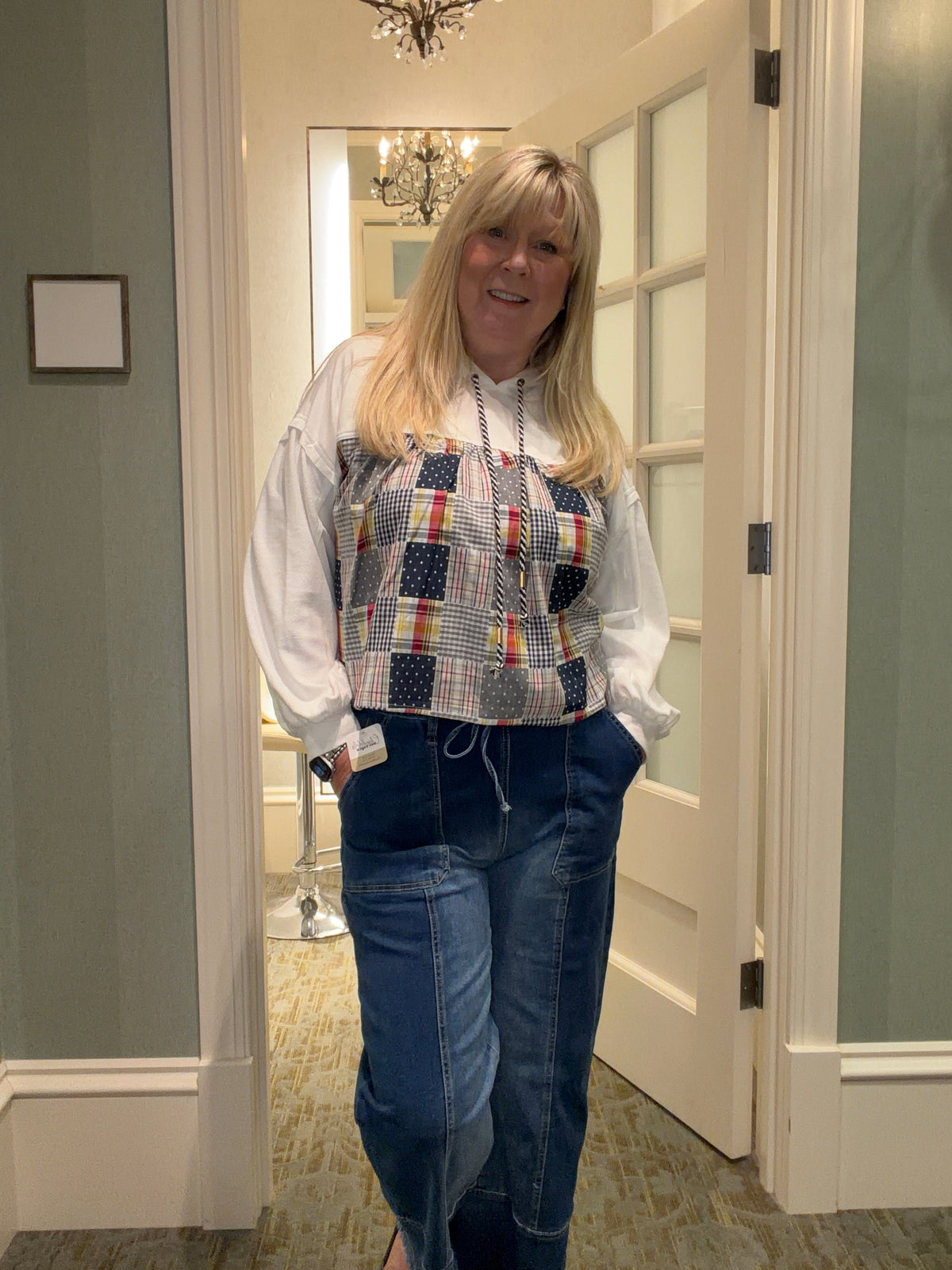 Drawstring Seam Detail Raw Hem Wide Leg Jeans