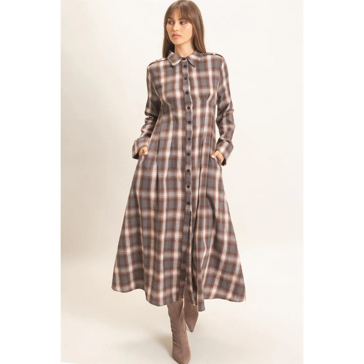 Plaid Button-Down Maxi Dress