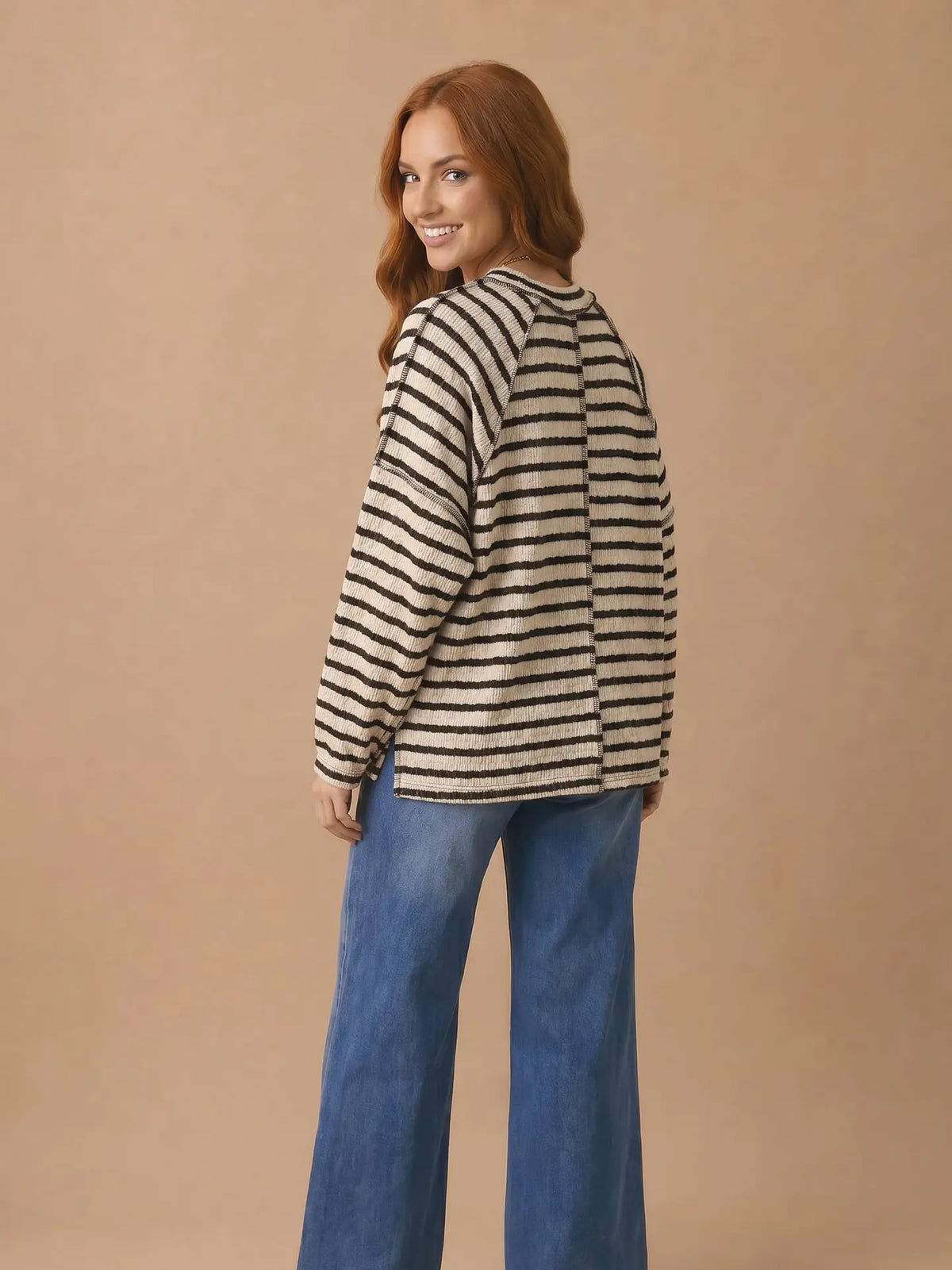 Round Neck Textured Stripe Reverse Stitch Top