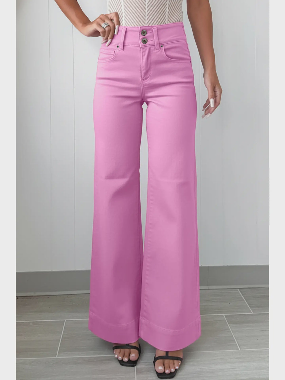 2-Button High Waist Flared Bottom Jeans - Chandeliers Boutique ny