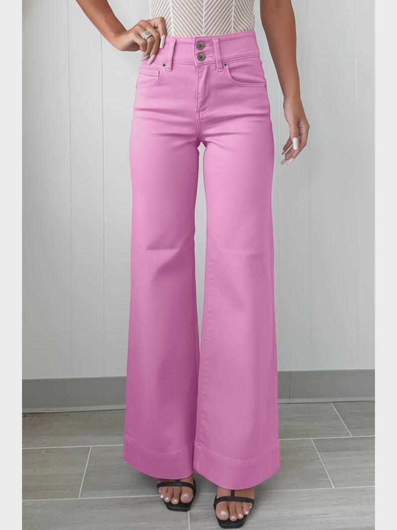 2-Button High Waist Flared Bottom Jeans - Chandeliers Boutique ny