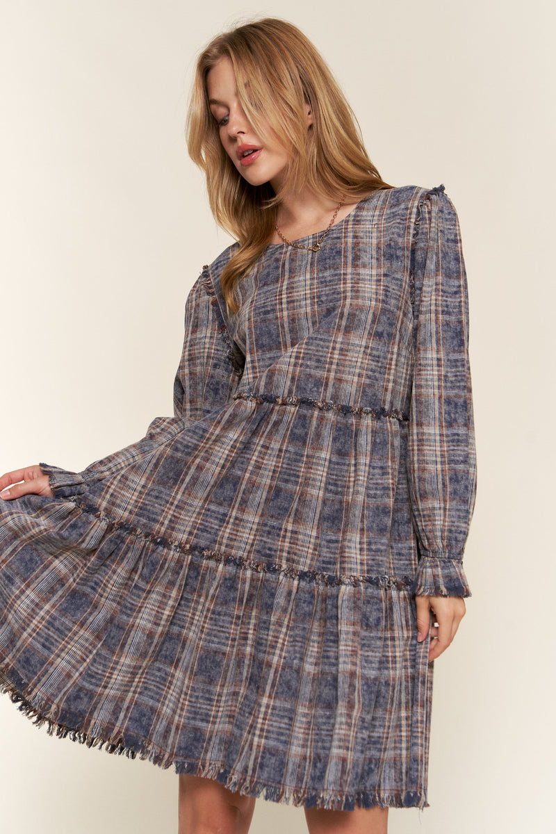 Tiered Plaid Dress Raw Hem