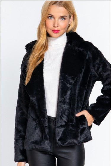 NOTCHED COLLAR OPEN FRONT FAUX FUR