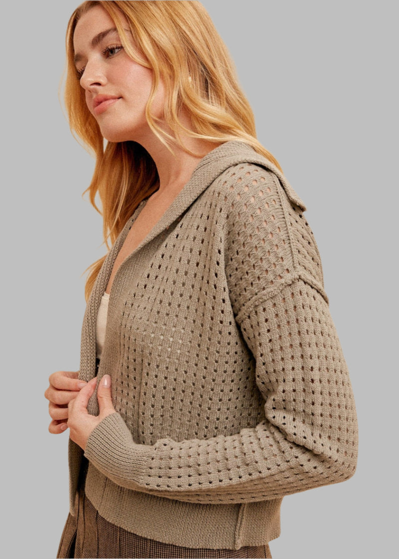 Pointelle Stitch Crop Sweater Cardigan