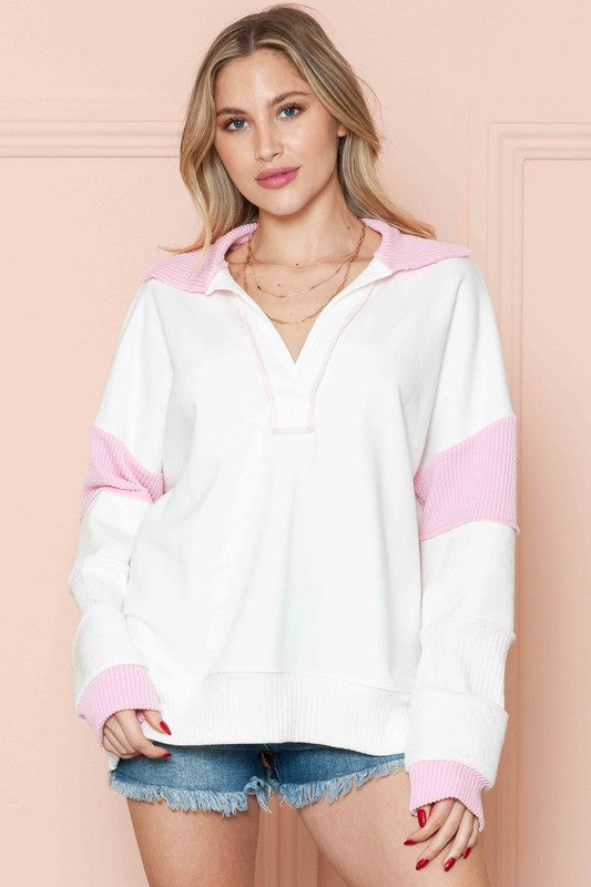 Solid Loose Fit Top With Wave Rib Contrast