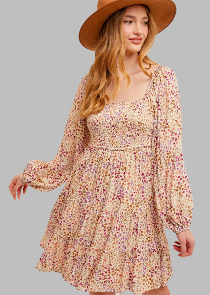 Smocked Bubble Sleeve Babydoll Print Dress