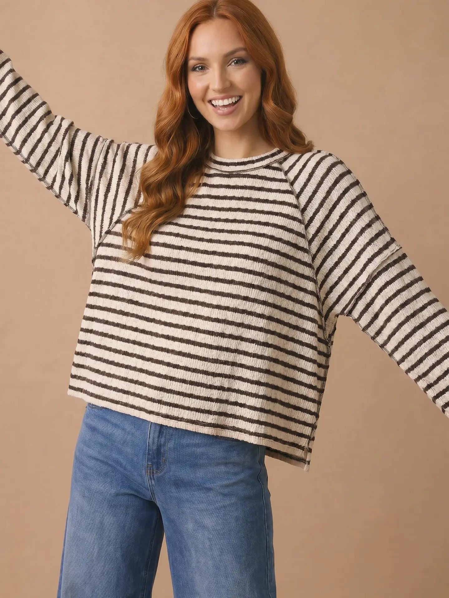 Round Neck Textured Stripe Reverse Stitch Top