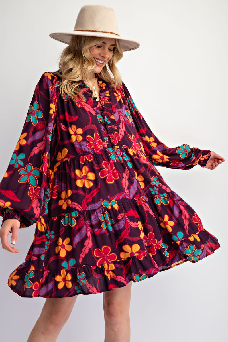 FLORAL RAYON GAUZE TIERED DRESS