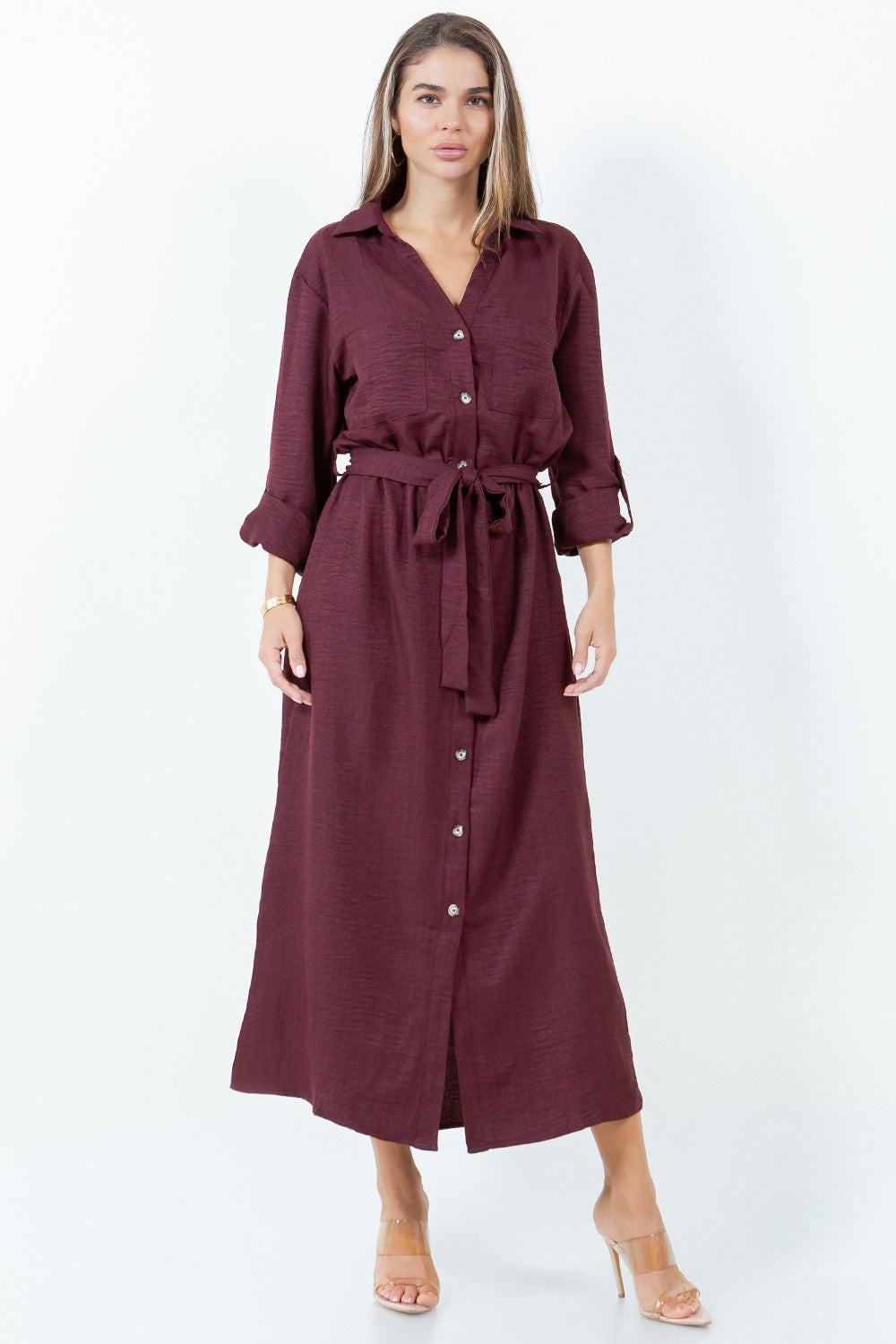 Button Down Dress With Sleeve Tabs