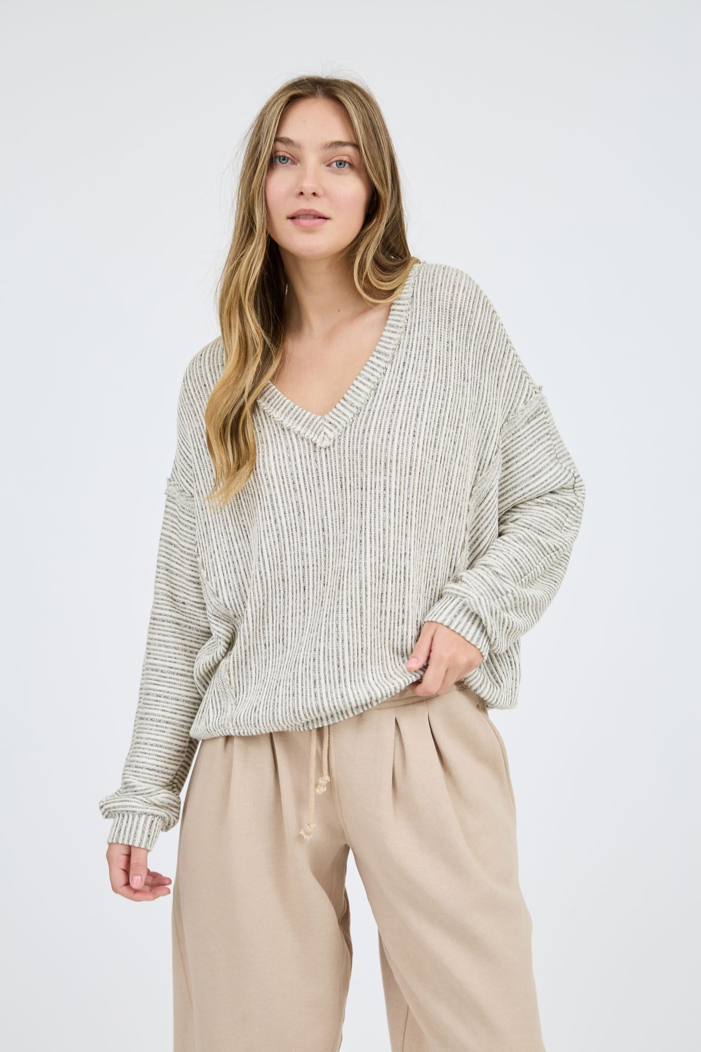 Striped Drop Shoulder V Neck Knit Top