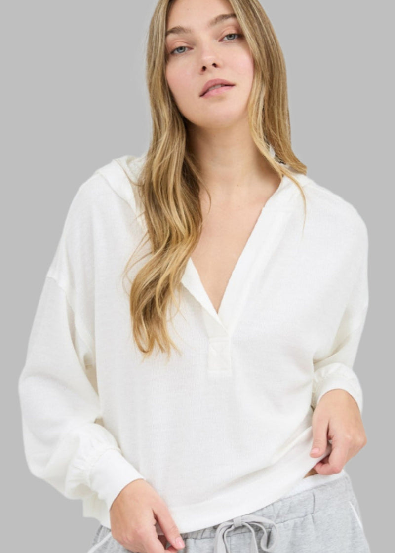 Hooded Split Neck Long Sleeve Knit Top