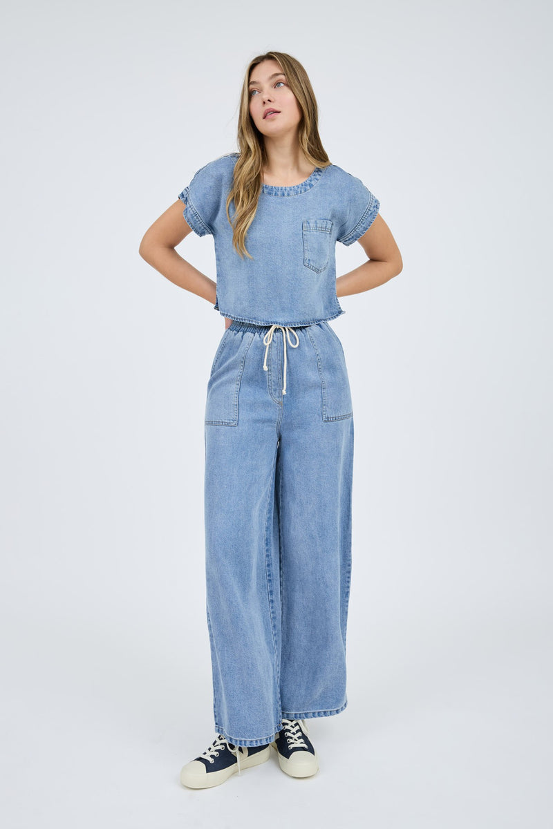 High Waist Wide Leg Wash Chambray Pants