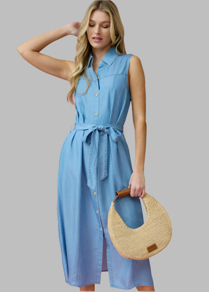 Collared Sleeveless Belted Chambray Midi Dress