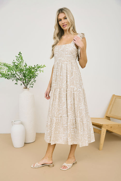 Sea Print Tie Strap Tiered Midi Dress