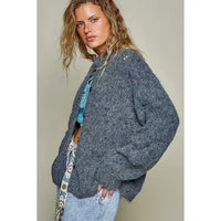 Fuzzy Knit Pointelle Ribbed Trim Cardigan