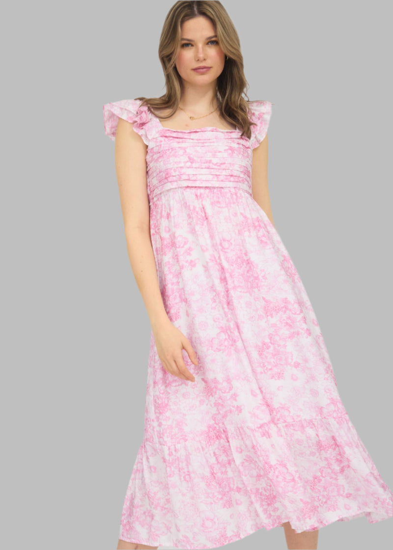 FLORAL RUFFLE STRAP DETAIL MIDI DRESS