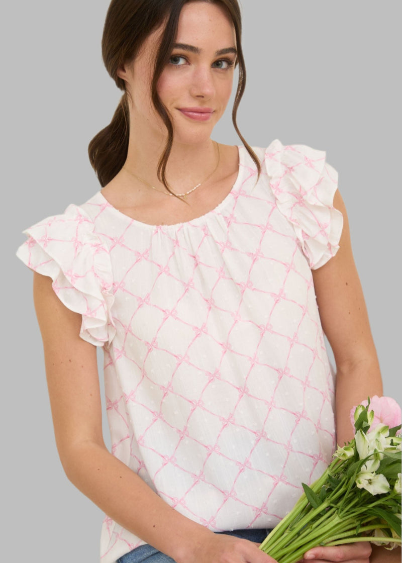 Bow Clip Dot Pattern Ruffle Sleeve Blouse