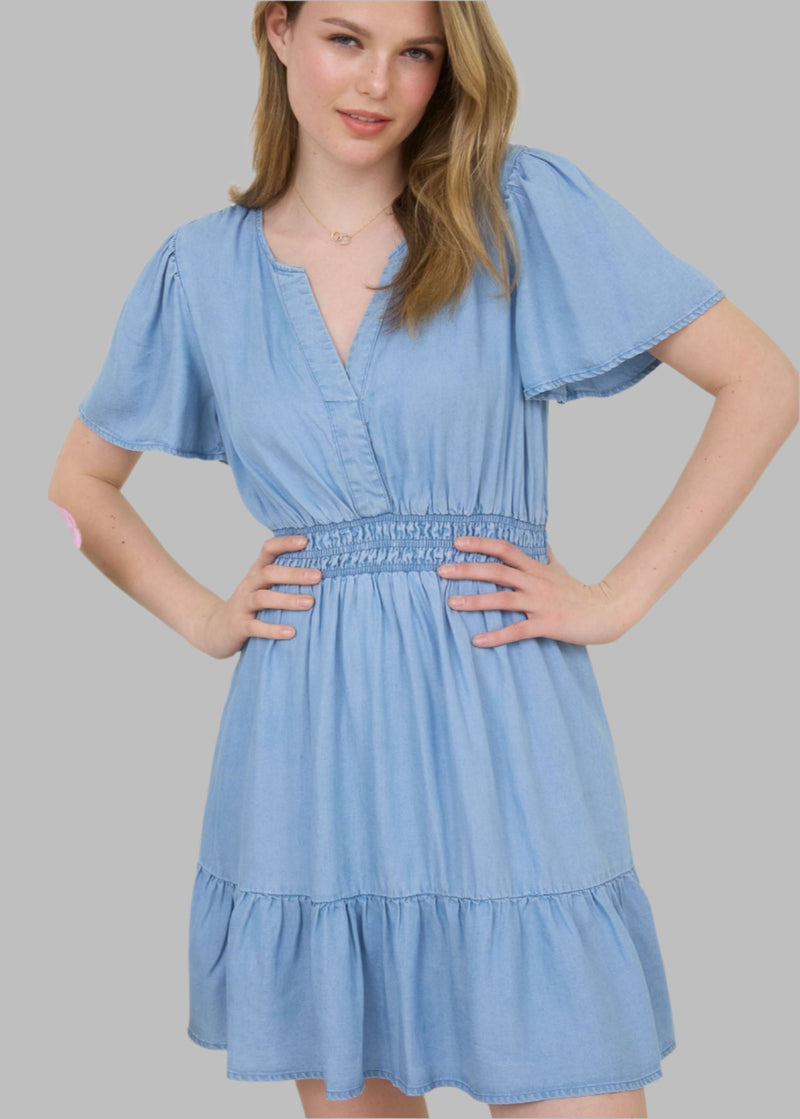 Split Neck Flounce Chambray Mini Dress