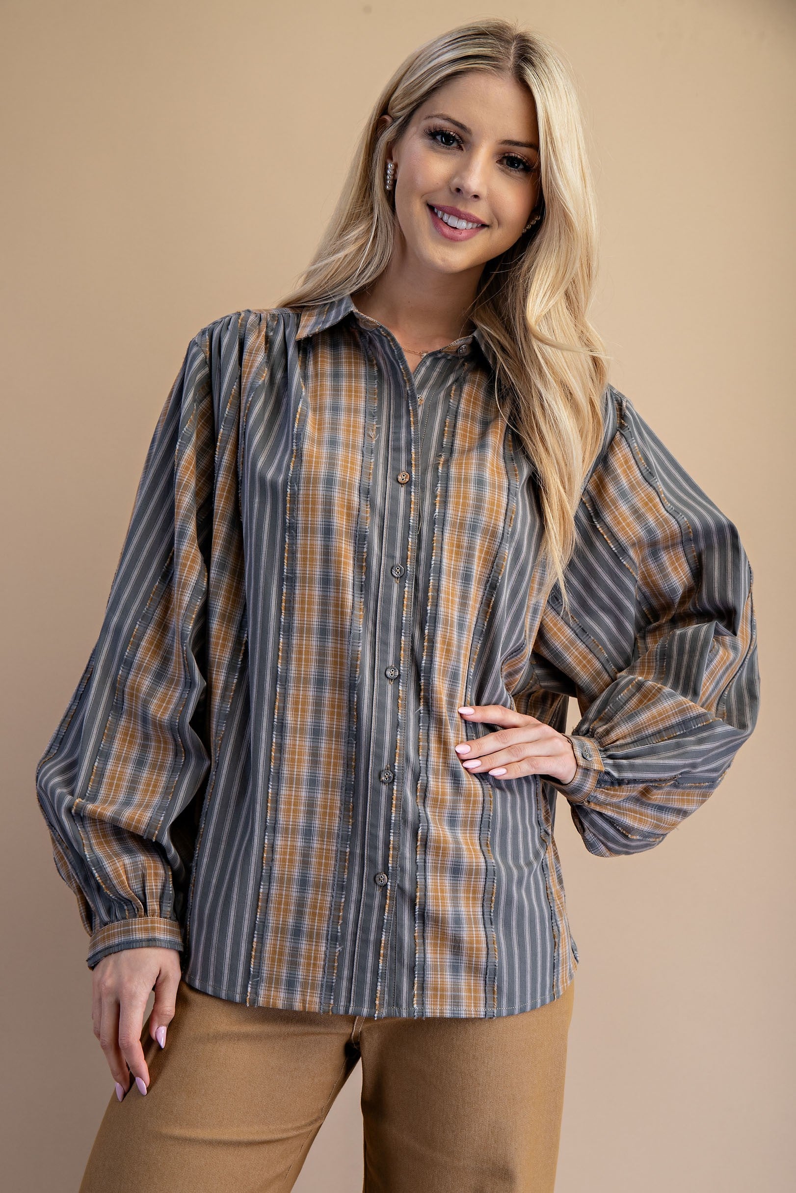 Mixed Check And Stripe Button Down
