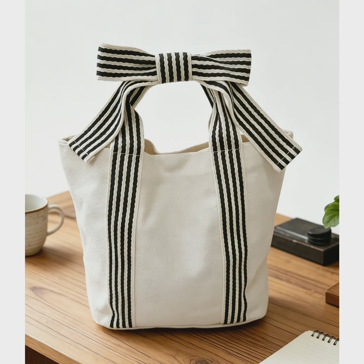 Striped Canvas Tote Bag Bow Handle Bag