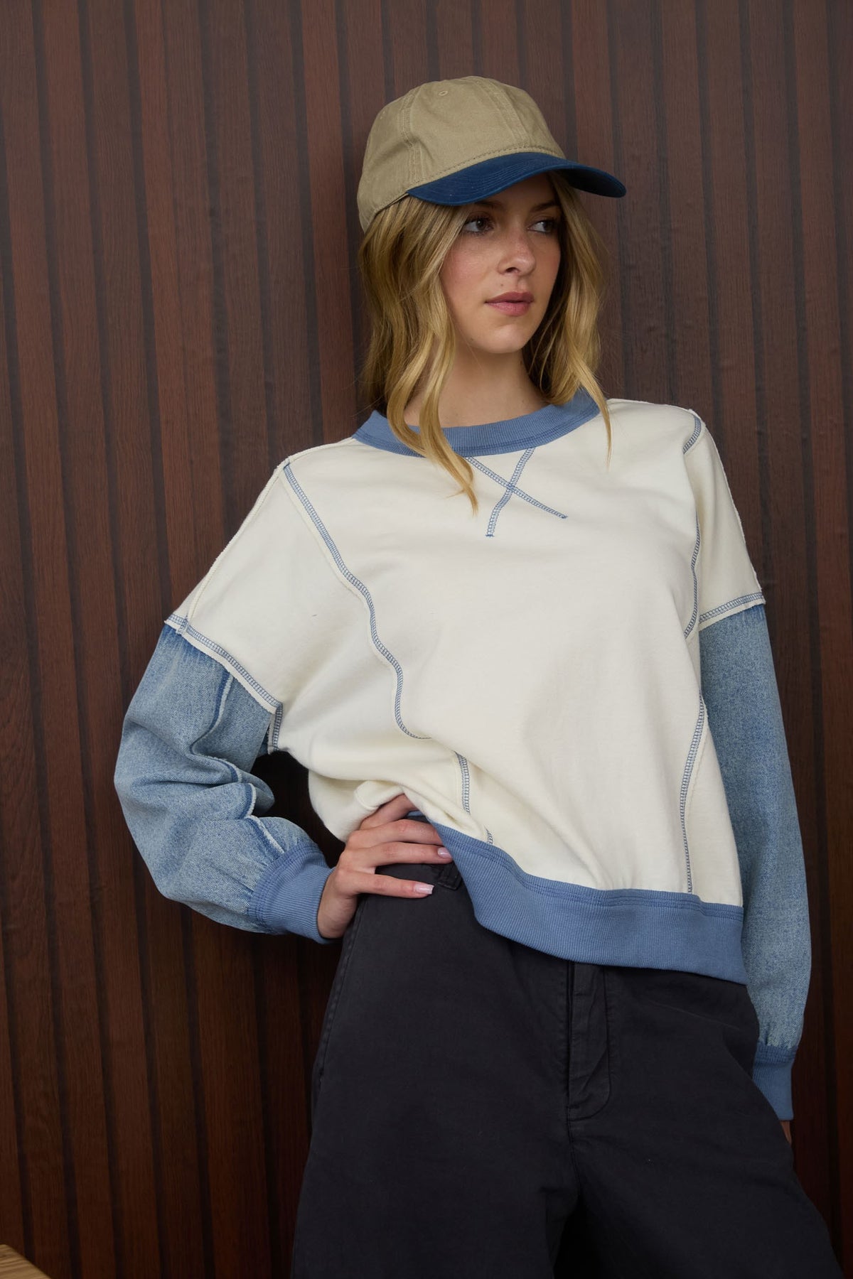 Mix Media Denim Sleeve Knit Top