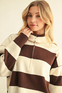 Reversed Stitch Accent Zip Up Sweater Top