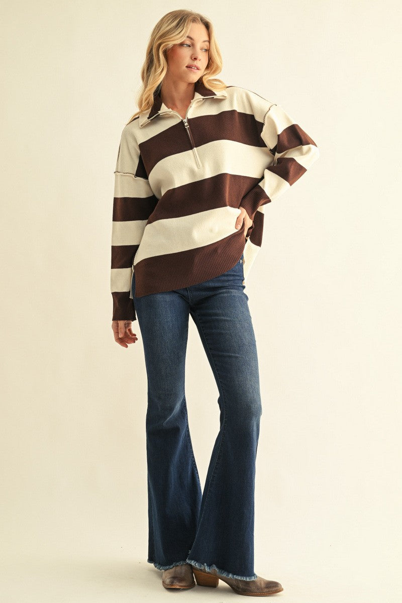 Reversed Stitch Accent Zip Up Sweater Top