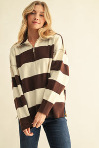 Reversed Stitch Accent Zip Up Sweater Top