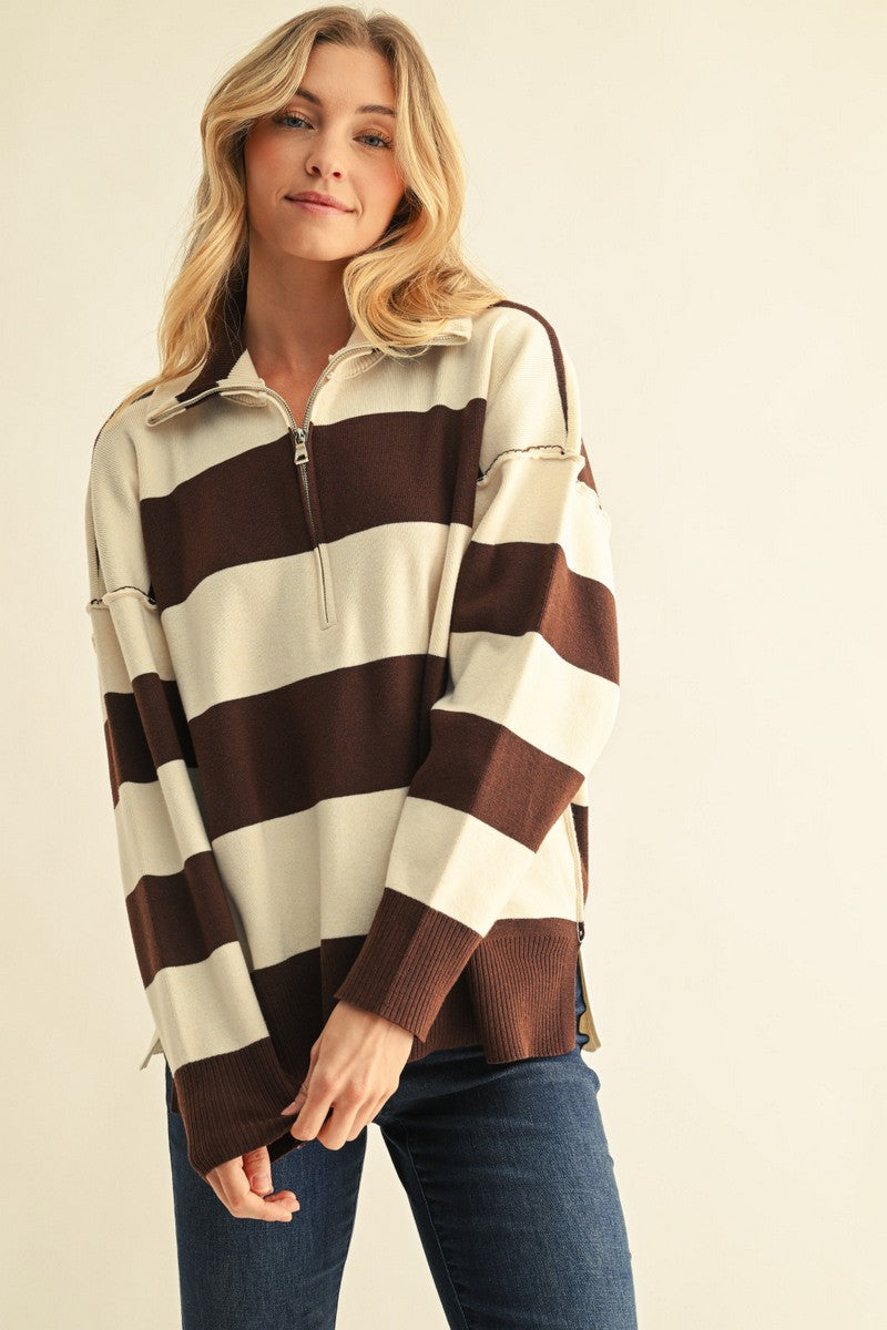 Reversed Stitch Accent Zip Up Sweater Top