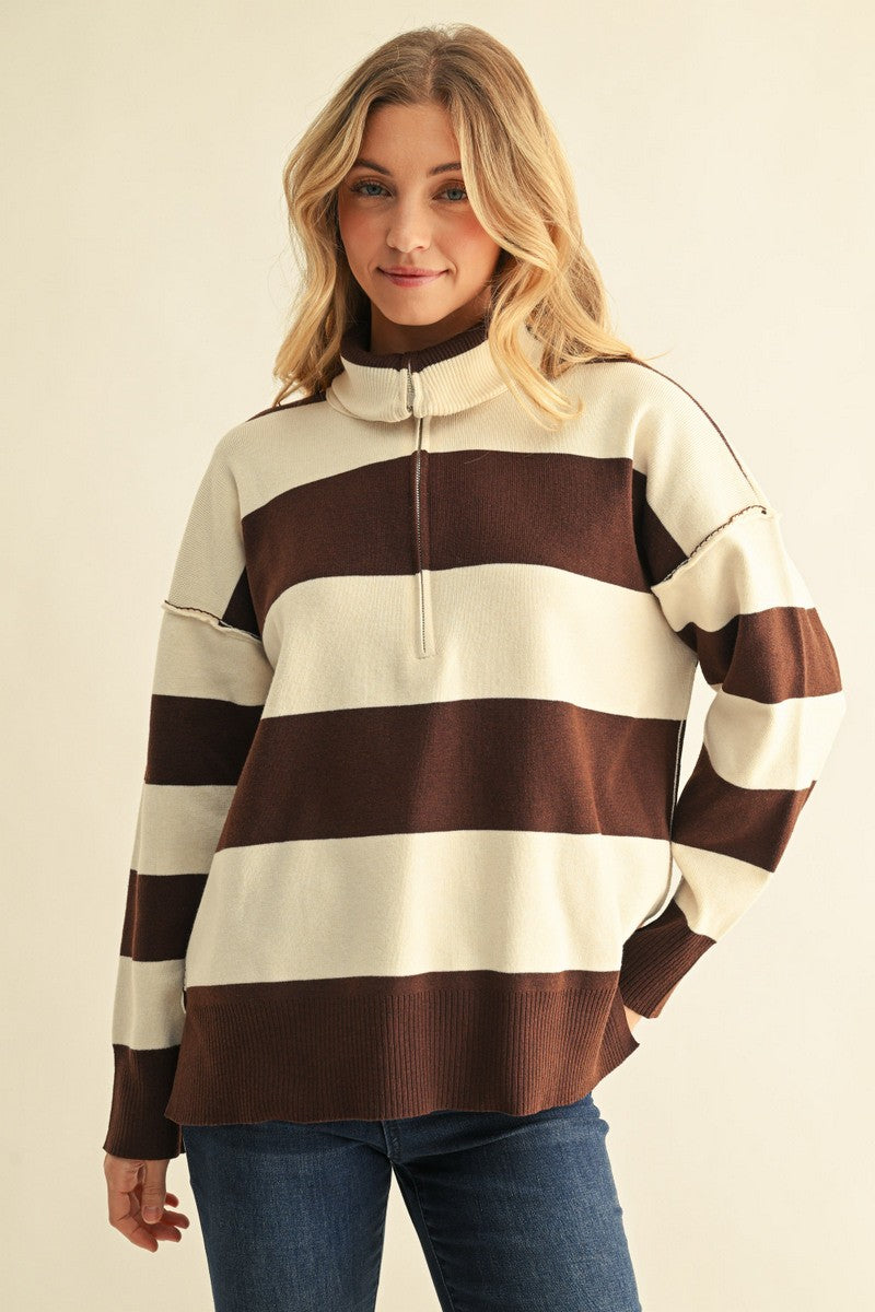 Reversed Stitch Accent Zip Up Sweater Top